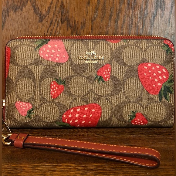 NWT-Coach-Long Zip Around Wallet-Signature Canvas & Wild Strawberry🍓Print-$318 - Picture 1 of 8